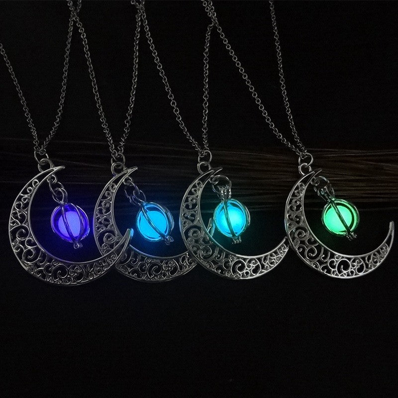 Fashion Moon Natural Glowing Stone Healing Necklace Women Gift Charm Luminous